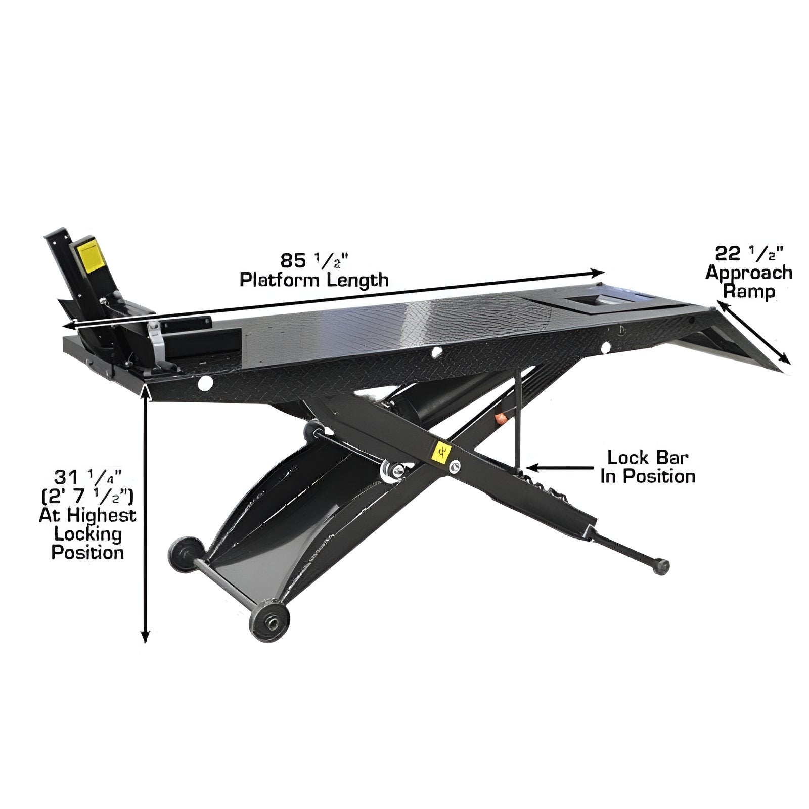  ACL Motorcycle Lift w/ Roller Plate by Atlas Side View with Dimensions Showing
