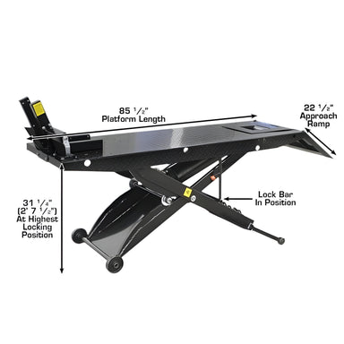  ACL Motorcycle Lift w/ Roller Plate by Atlas Side View with Dimensions Showing