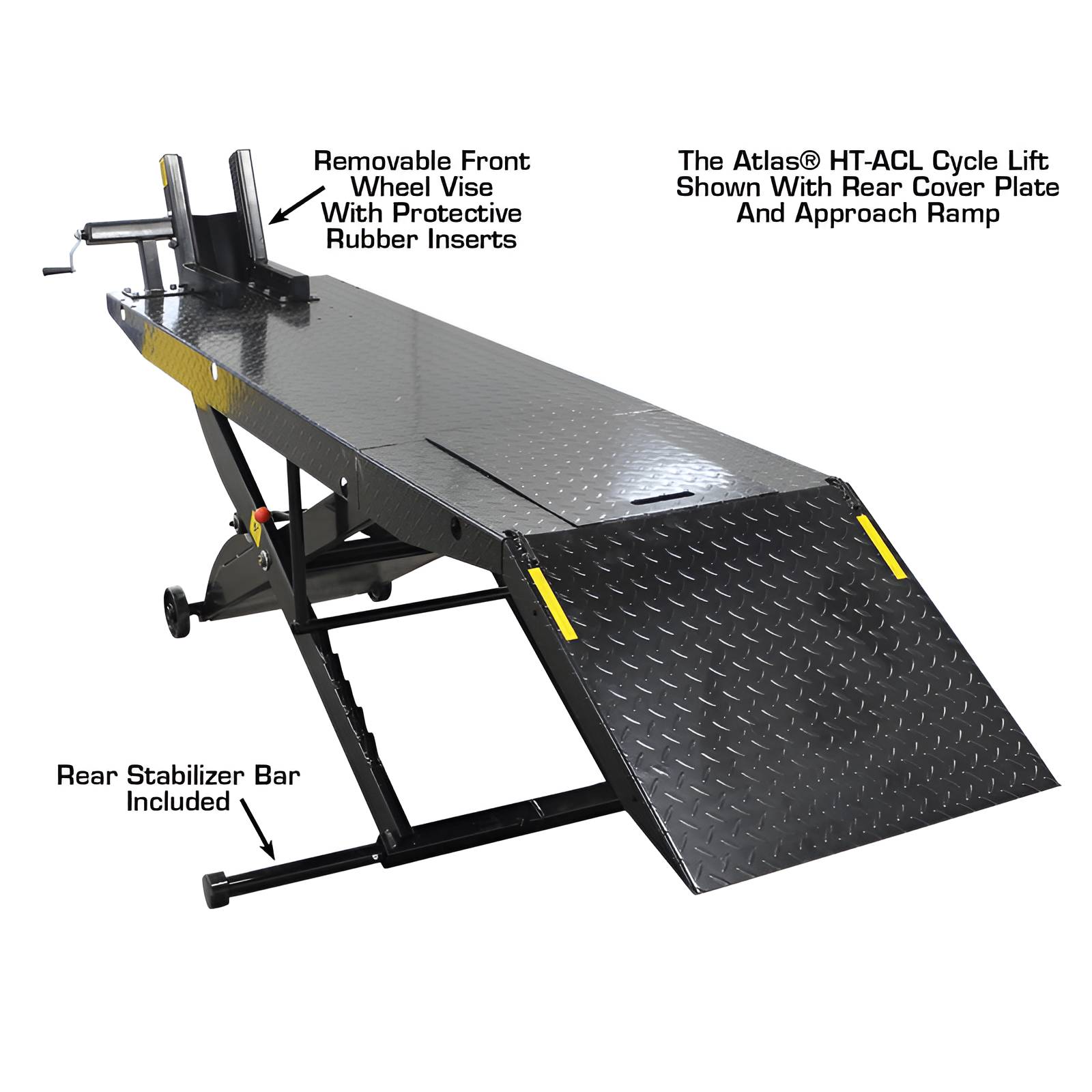 Atlas ACL Motorcycle Lift Semi Front View - Showing the Ramps and the Parts with Label