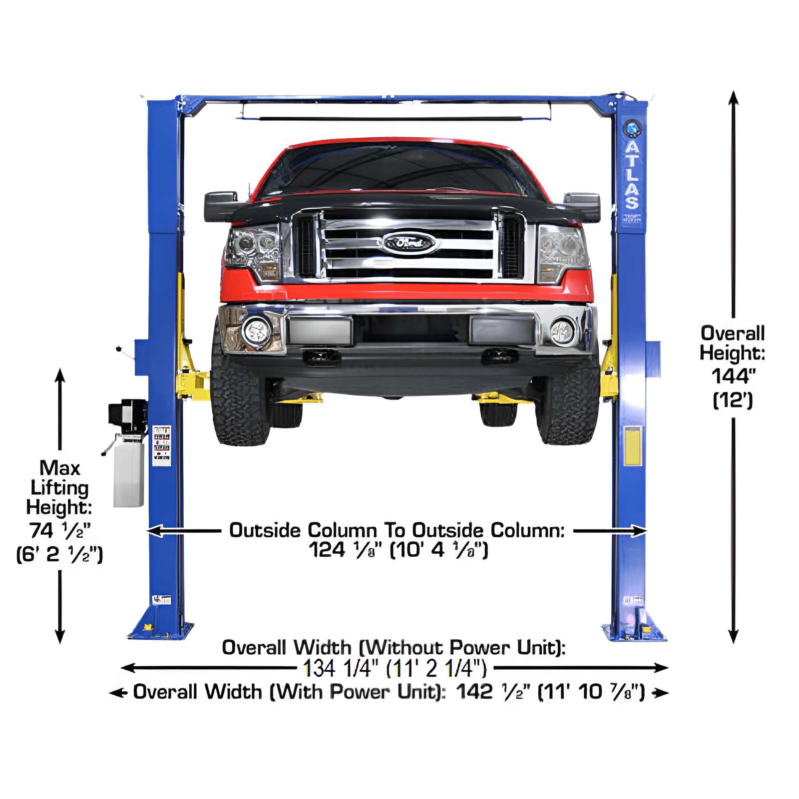 Atlas PRO 9D 9,000 lb Overhead 2-Post Lift - Front View with Dimensions