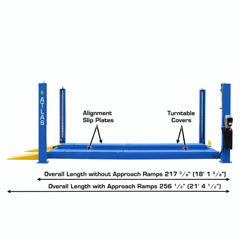 Atlas 414A 14,000 lb 4-Post Alignment Lift Side View with Dimension