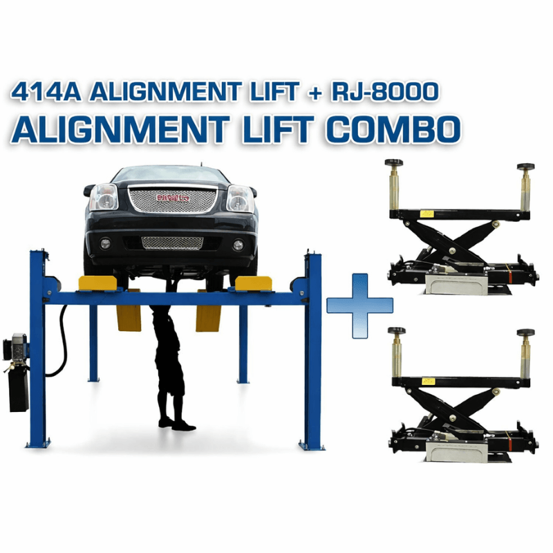Atlas 414A 4 Post Alignment Lift + (2) RJ8 Rolling Jacks Combo View
