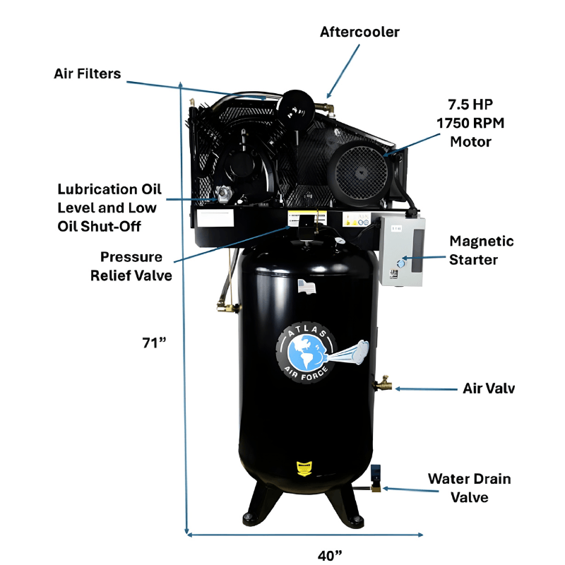 Atlas AF9 7.5HP 80 Gallon Air Compressor Front View with Label