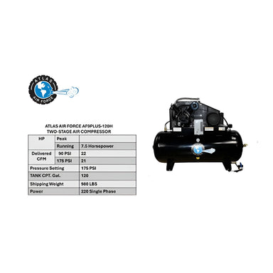Atlas AF9P 7.5HP 120 Gallon Air Compressor with Specs 