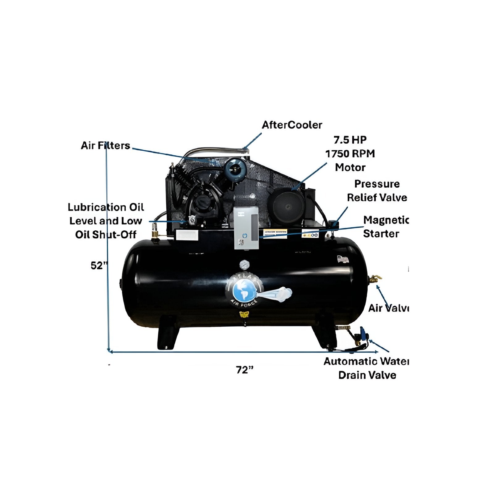 AF9P 7.5HP 120 Gallon Air Compressor Side View 