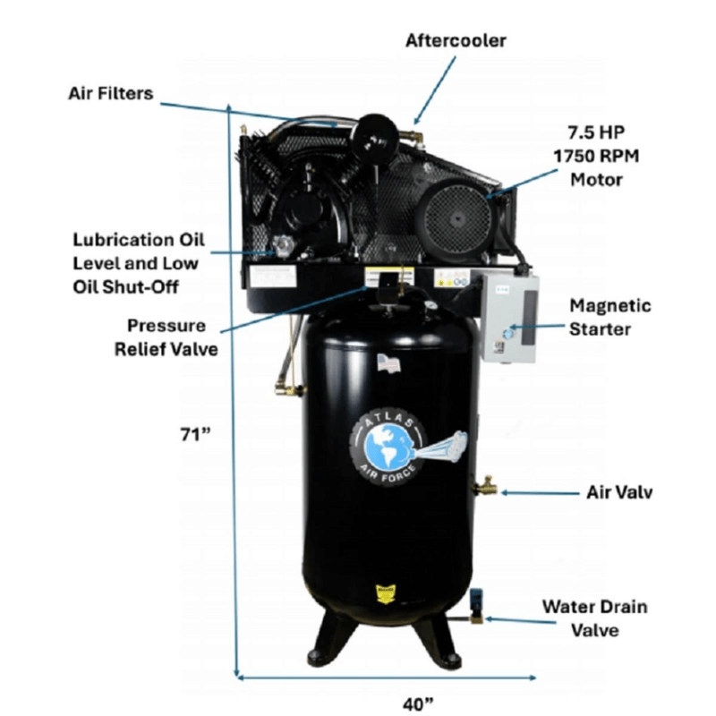 Atlas AF9P 7.5HP 80 Gallon Dimension View