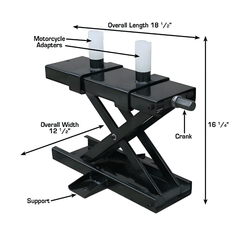 Atlas ATEHTBJ Blakcjack Motorcycle and ATV Center Jack - Raised View with Dimensions