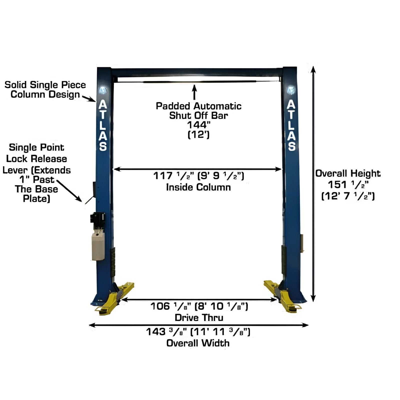 Atlas OHX10000X 10,000 lb Extra Tall 2-Post Lift Front View no Car