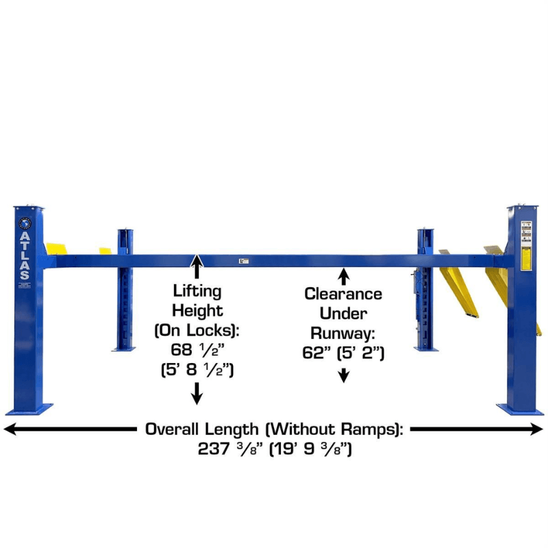 PRO14KCFA-EXT-COMBO 14000 LB. Extra Long Lift Side View with Dimensions