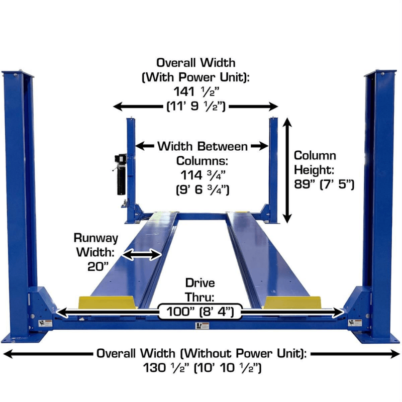 PRO14KCFA-EXT-KIT 14,000 lb Extended 4-Post Lift Front View with Dimensions