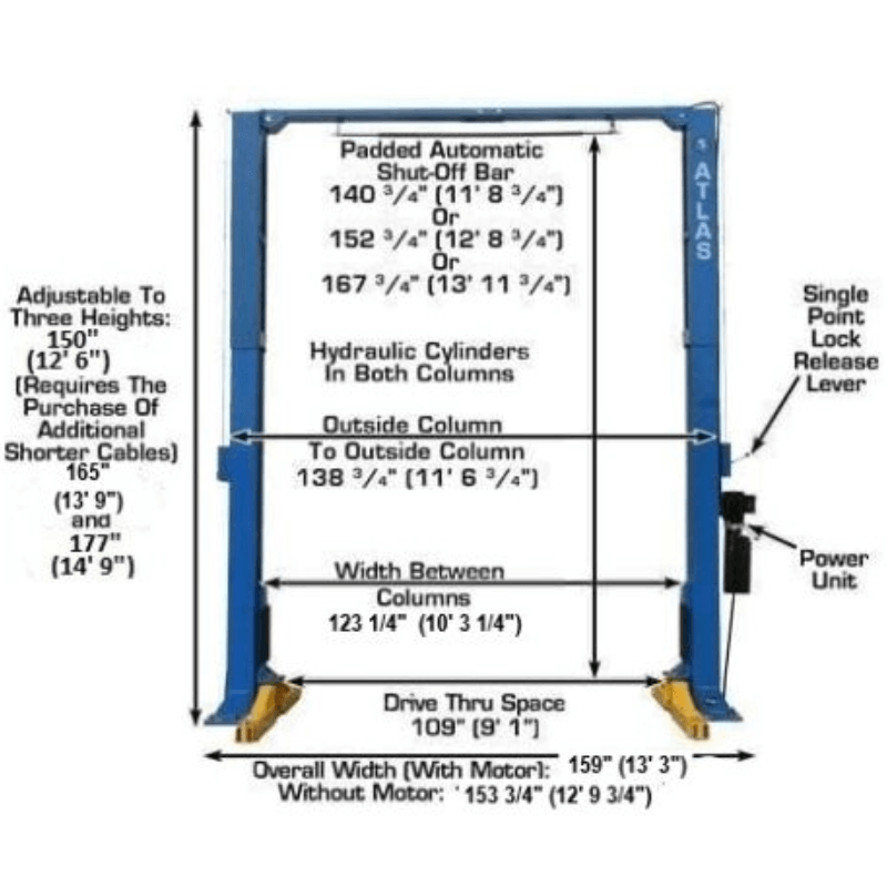 Overhead 2-Post Lift Atlas PV12PX 12,000 lb Front view with measurements