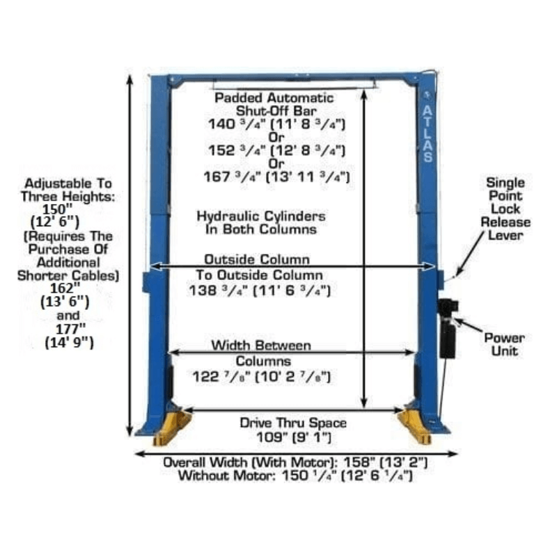 15,000 lb Overhead 2-Post Lift PV15PX  Lift with measurement view