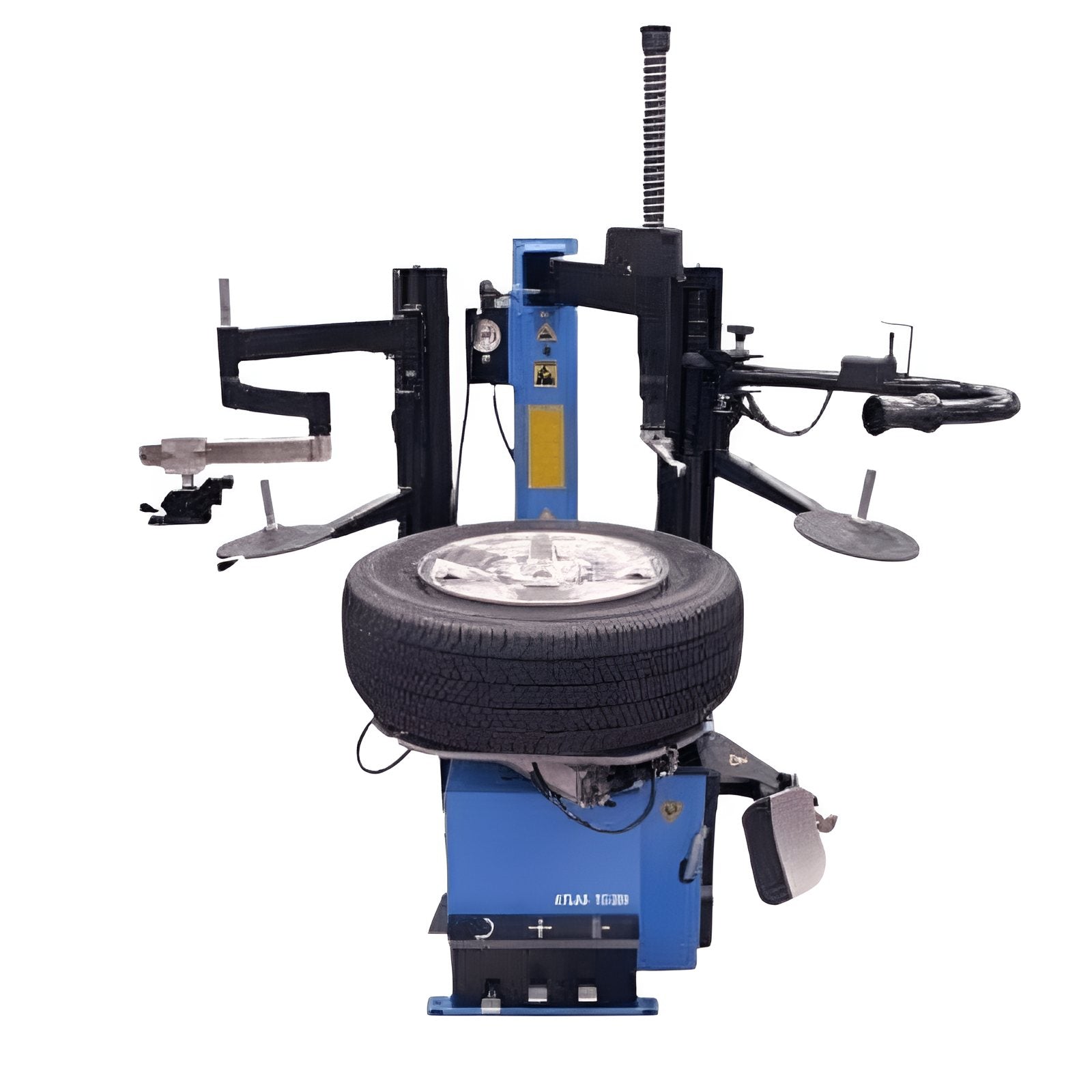 Atlas TC289DAA Extra Large Rim-Clamp Tire Changer w/ Dual Assist Arms Front View with Wheel