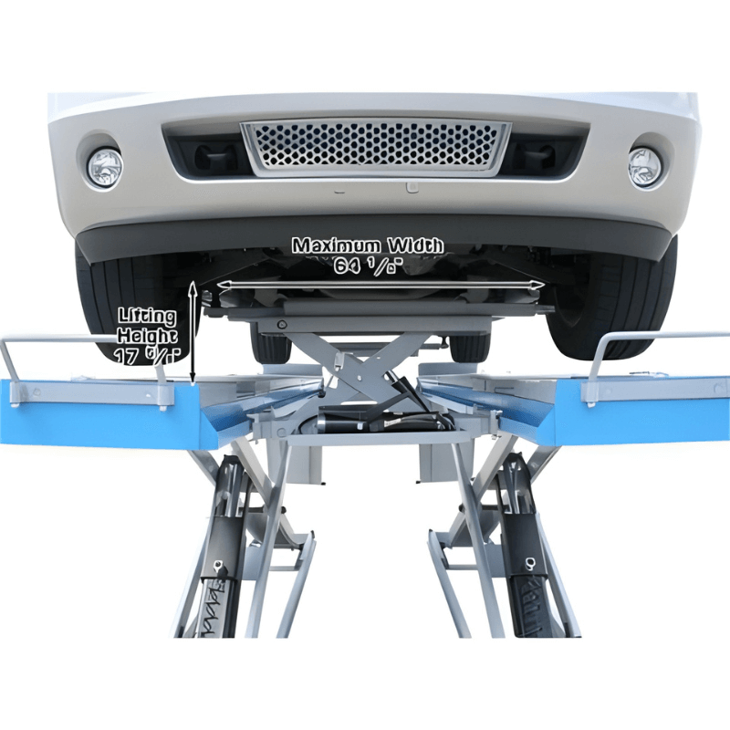 12ASL 12,000lb Scissor Alignment Lift Rear View with a car Lifting