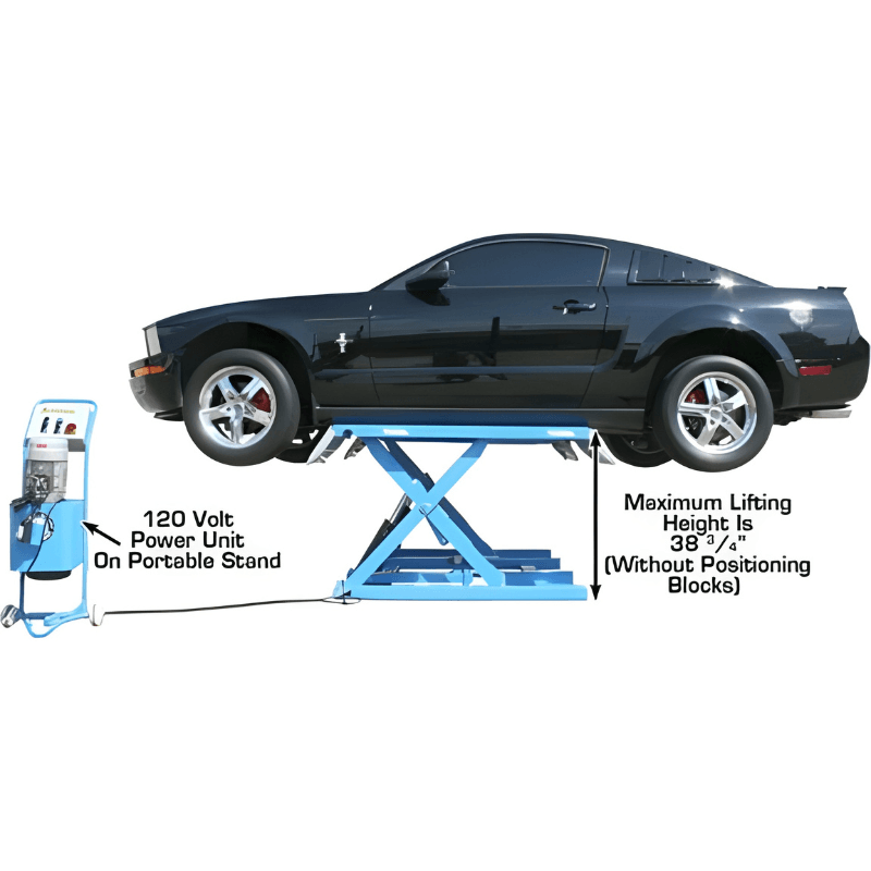 Atlas 7K-KWIK-BAY 7,000 lbs Mid Rise Scissor Lift - Portable Side View with Panel and Dimensions