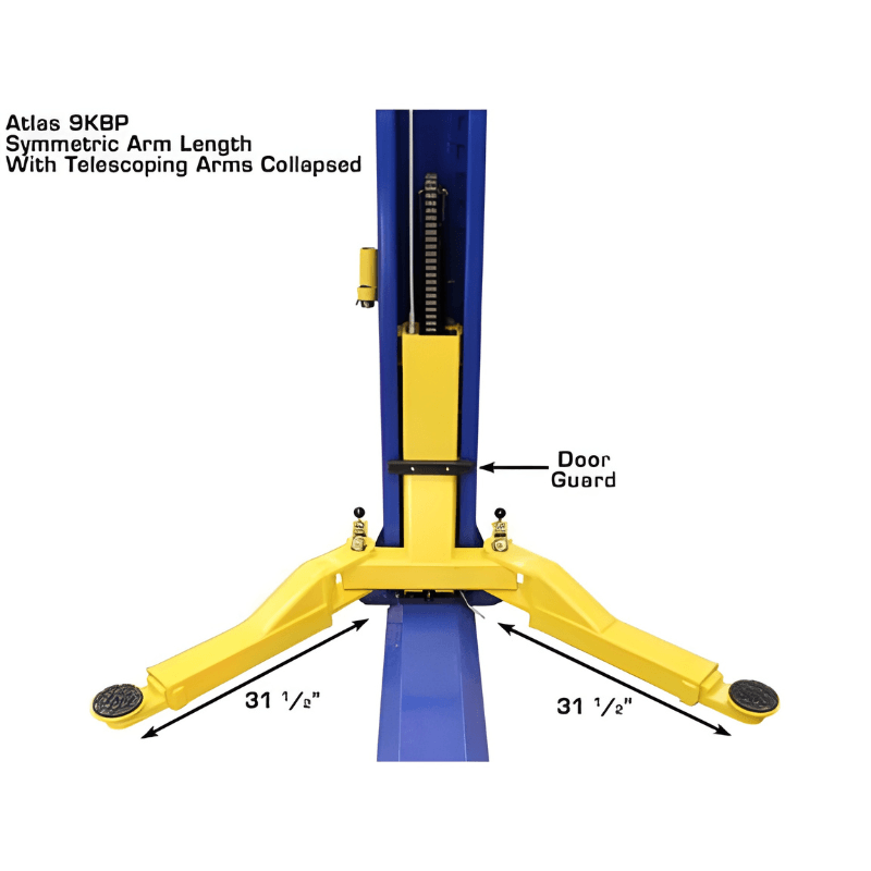 9KBP 9,000 lb 2 Post Lift by Atlas Symmetric Arms Dimension View