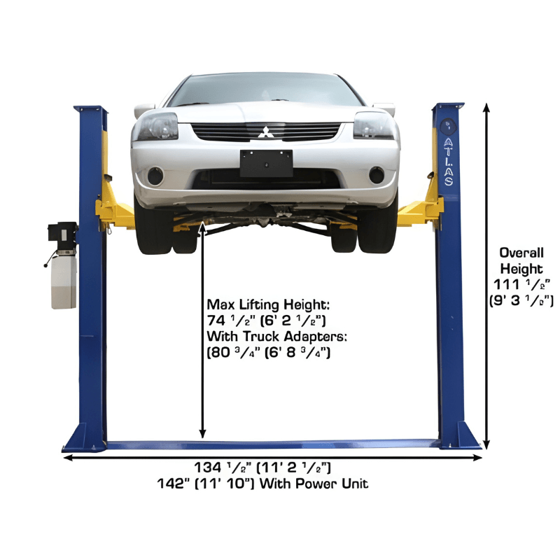 Atlas 9KBP 9,000 lb 2 Post Lift Front View with White Car
