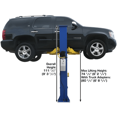 9KBP 9,000 lb 2 Post Lift by Atlas Side View with Black Car Lifting
