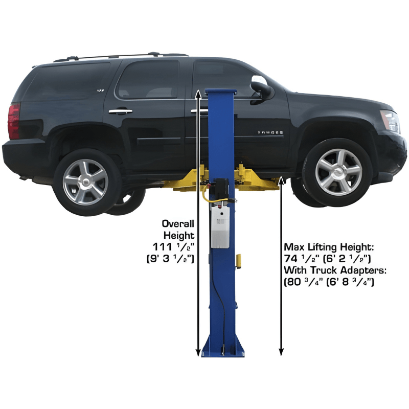 9KBP 9,000 lb 2 Post Lift by Atlas Side View with Black Car Lifting