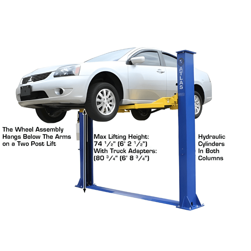 9KBP 9,000 lb 2 Post Lift Side View with White Car Lifting