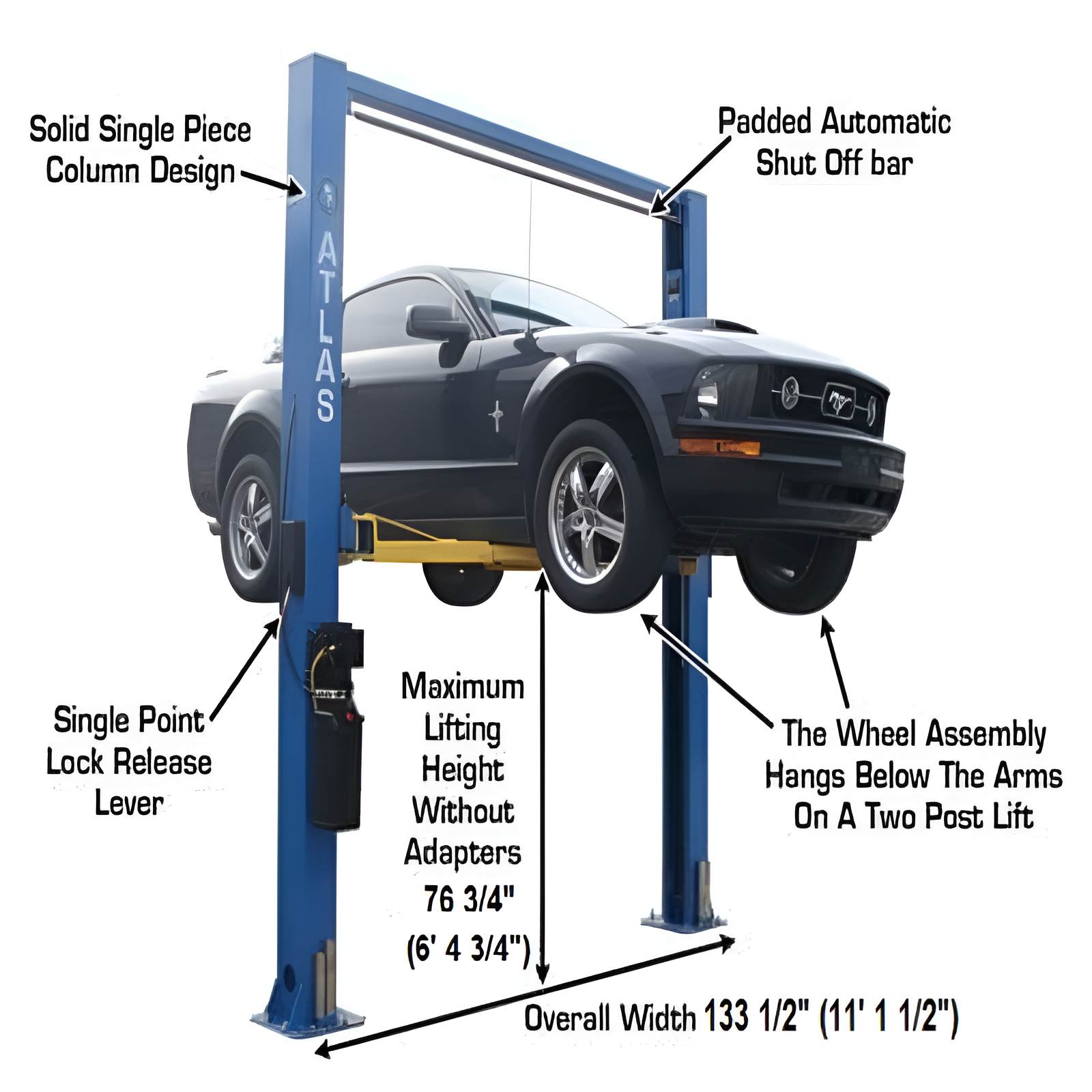 Atlas 9OHSC 9,000 lb 2 Post Lift Side View Middle Lifting