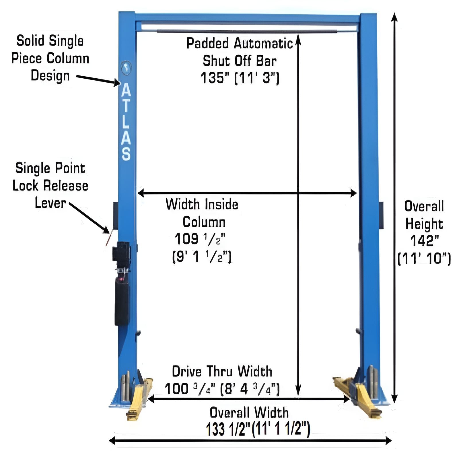 Atlas 9OHSC 9,000 lb Front View with Dimensions