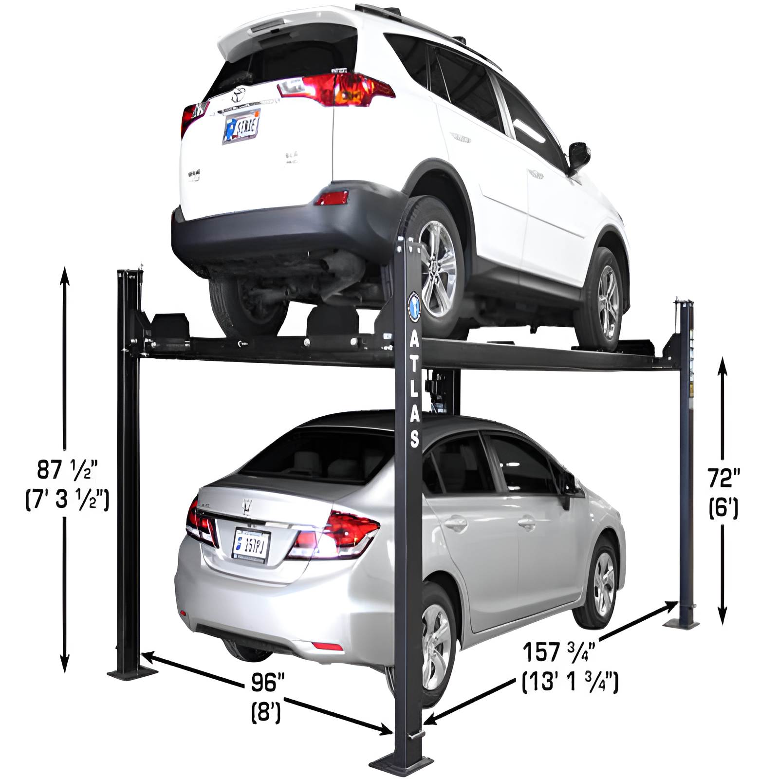 Atlas Apex 8, 8,000 lb 4 Post Vehicle Storage Lift Semi Back View with 2 Cars