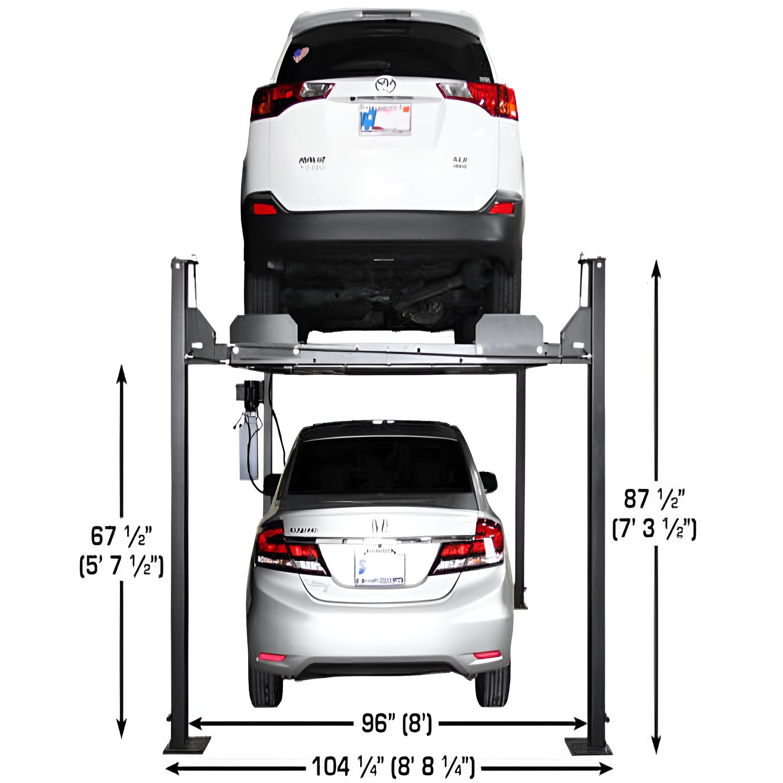 Apex 8, 8,000 lb 4 Post Vehicle Storage Lift - ALI Certified Full back View with 2 Cars