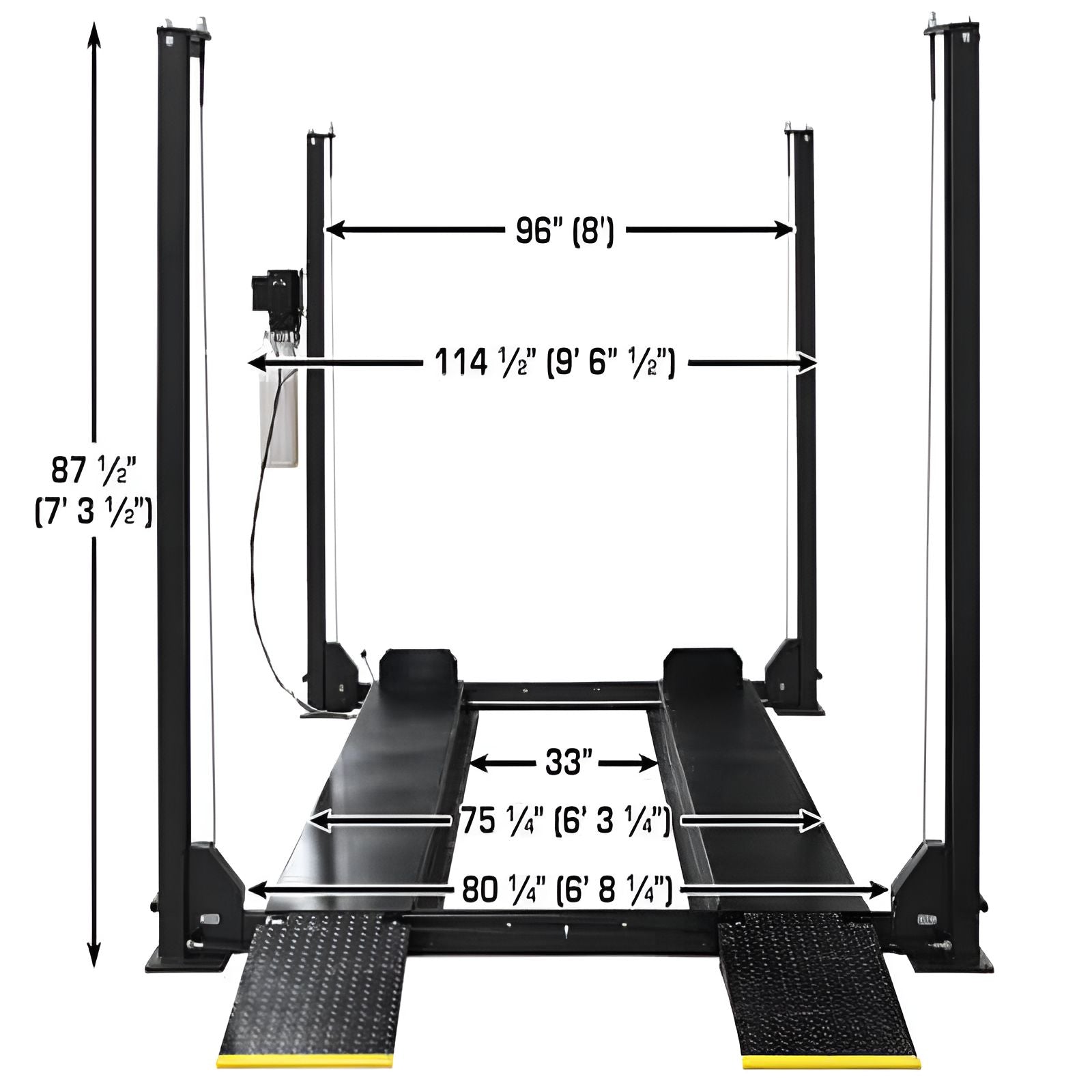 Apex 8, 8,000 lb 4 Post Vehicle Storage Lift - ALI Certified by Atlas Front View 