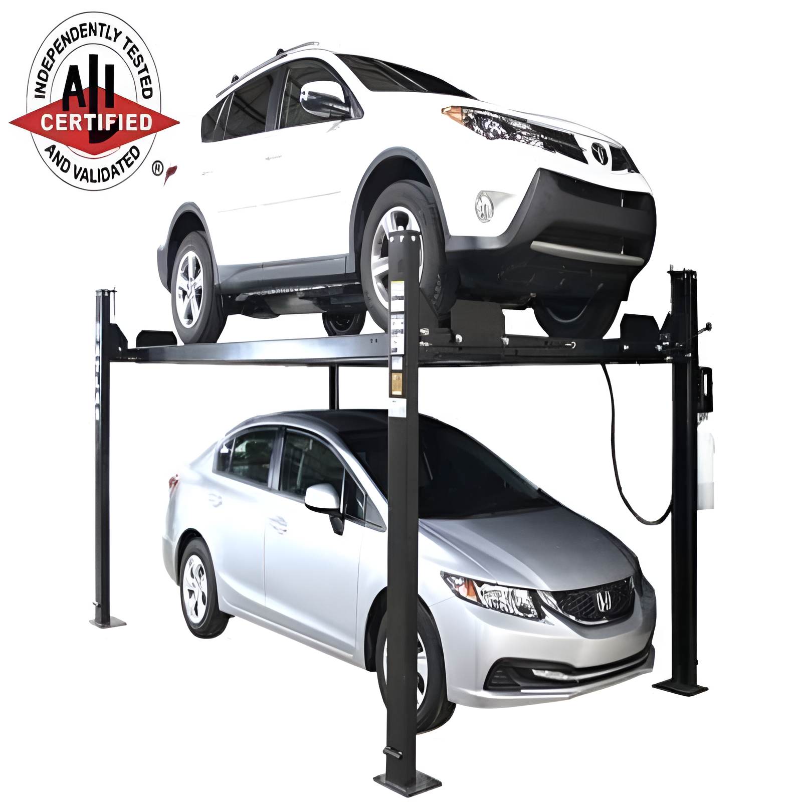 Apex 8, 8,000 lb 4 Post Vehicle Storage Lift - ALI Certified by Atlas Side View 2 cars