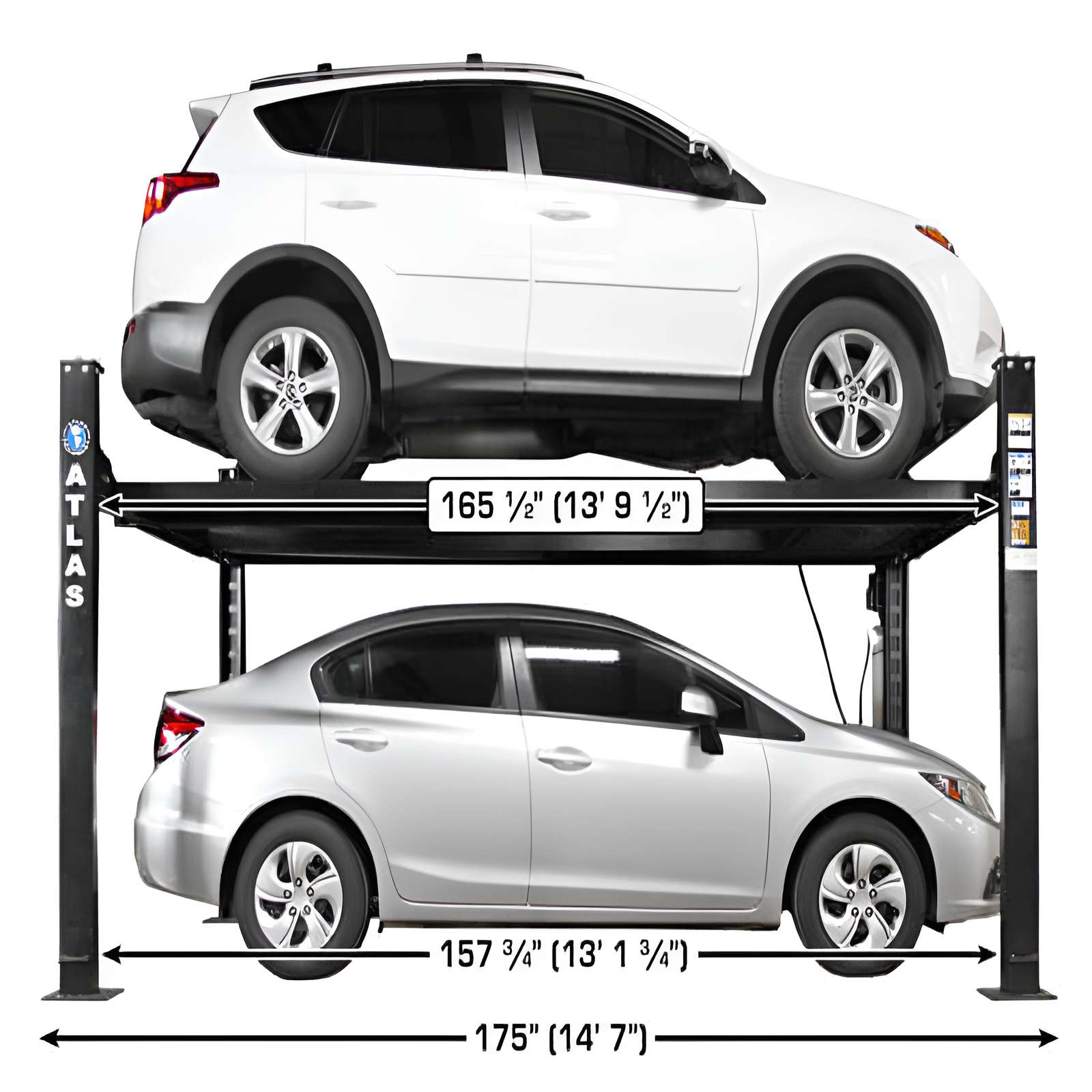 Atlas APEX 8 4-post lift Side View with car at the top and in the bottom view