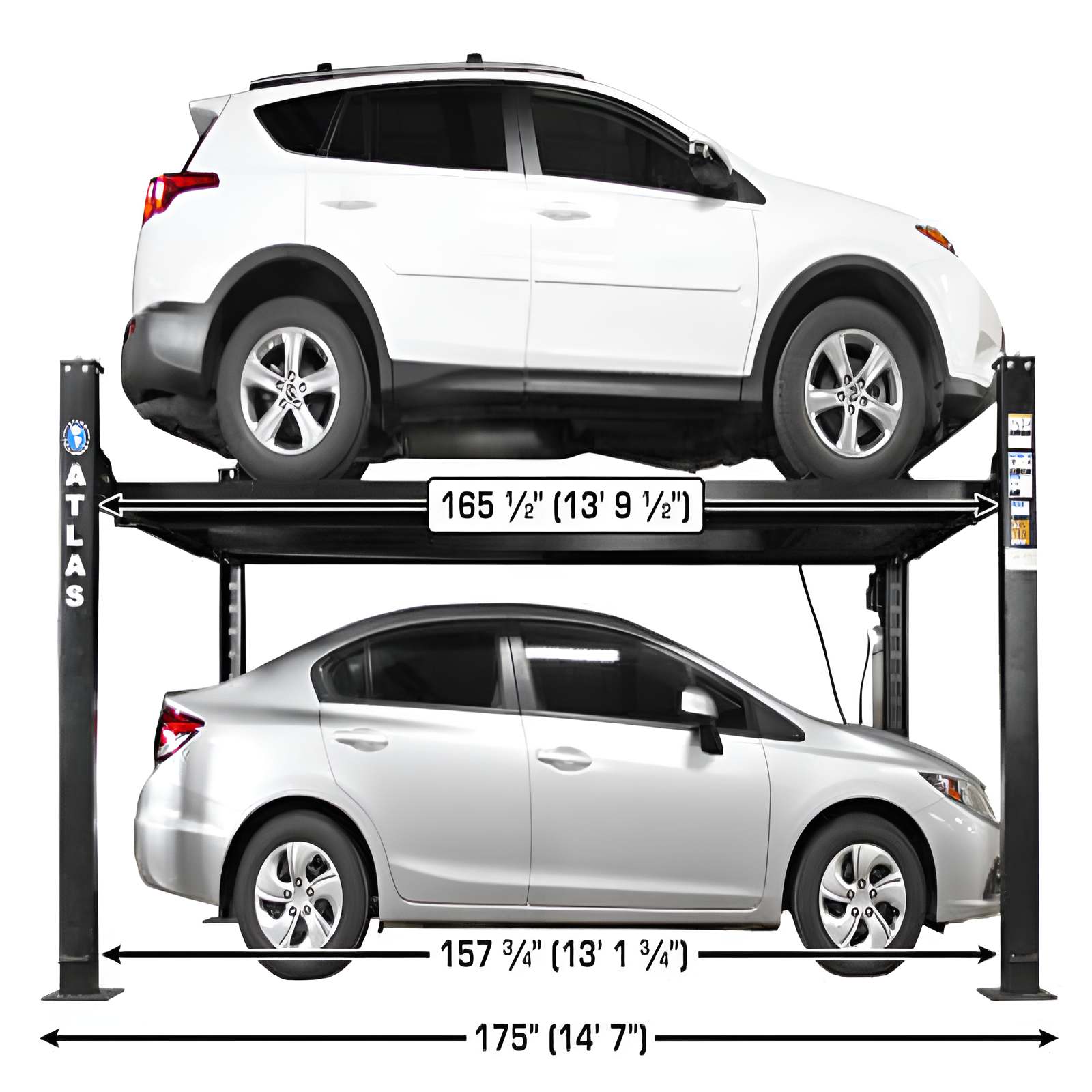 Atlas Apex 8, 8,000 lb Full Side View with 2 Cars and with Dimension