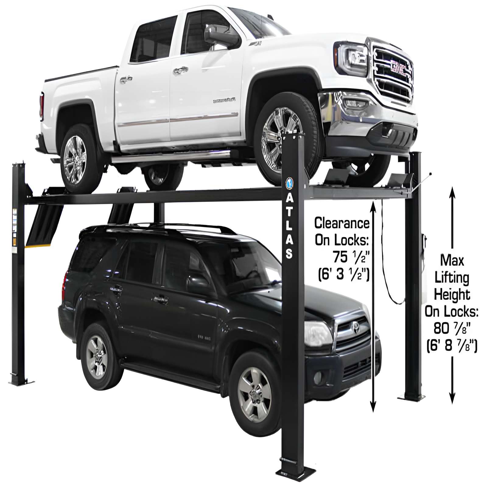Atlas Apex 9, 9,000 lb 4 Post Side View with 2 Cars