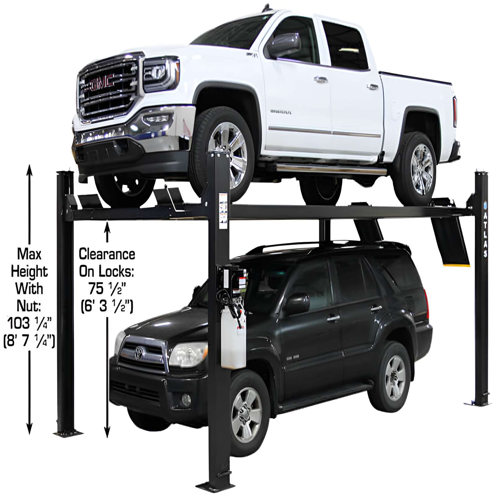 Apex 9, 9,000 lb 4 Post Vehicle Storage Lift - ALI Certified by Atlas Side View with Height Dimension