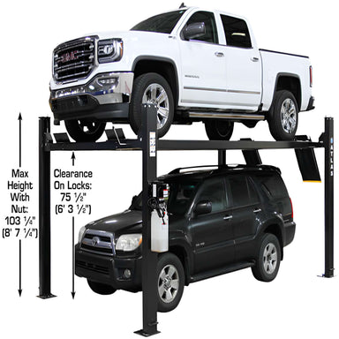 Apex 9, 9,000 lb 4 Post Vehicle Storage Lift - ALI Certified by Atlas Side View with Height Dimension
