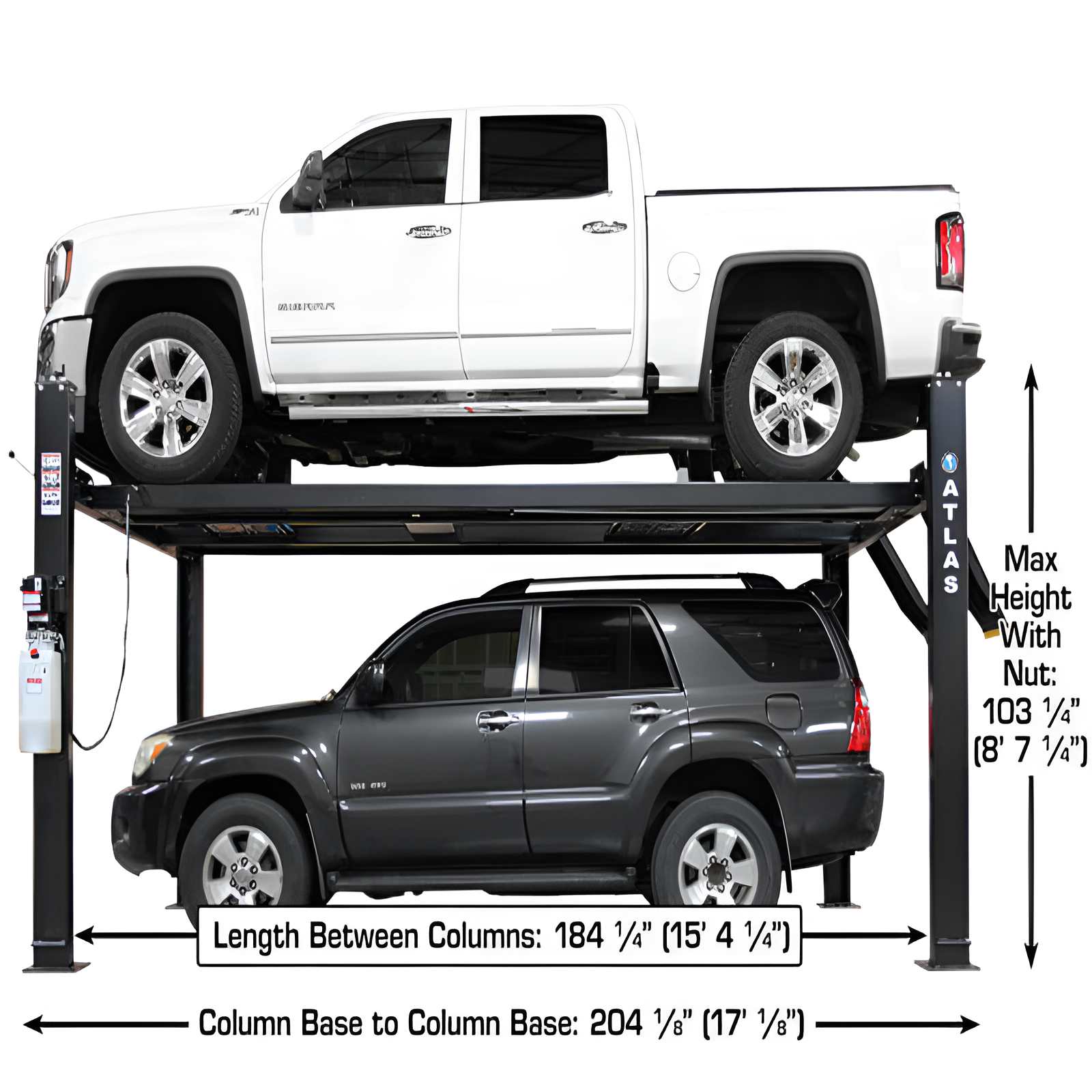 Apex 9, 9,000 lb 4 Post Vehicle Storage Lift - ALI Certified With 2 Cars top and Bottom Full Side View 