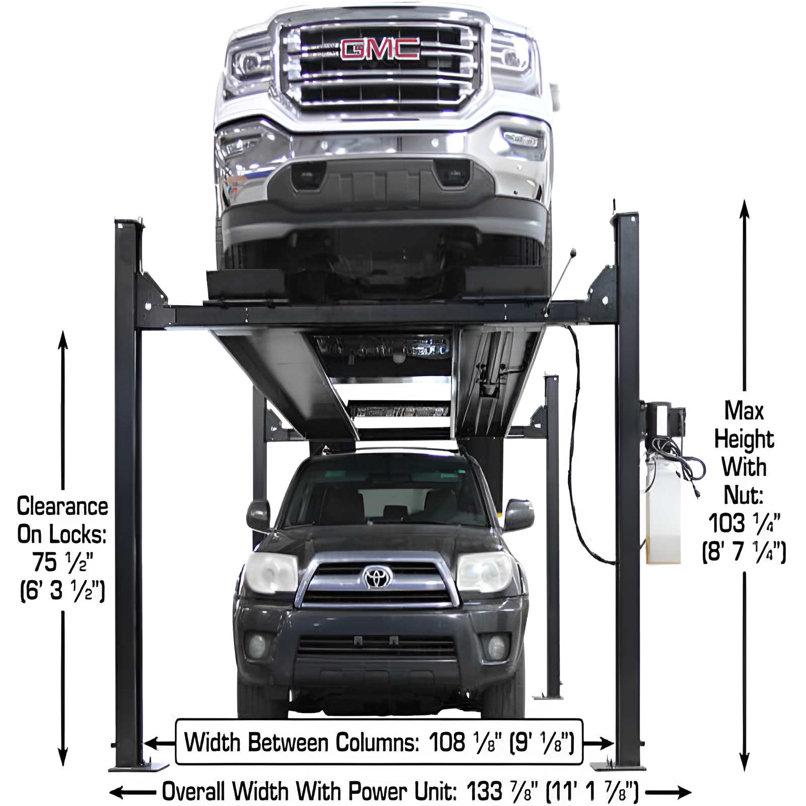  Front View with 2 Cars of Apex 9, 9,000 lb 4 Post Vehicle Storage Lift - ALI Certified