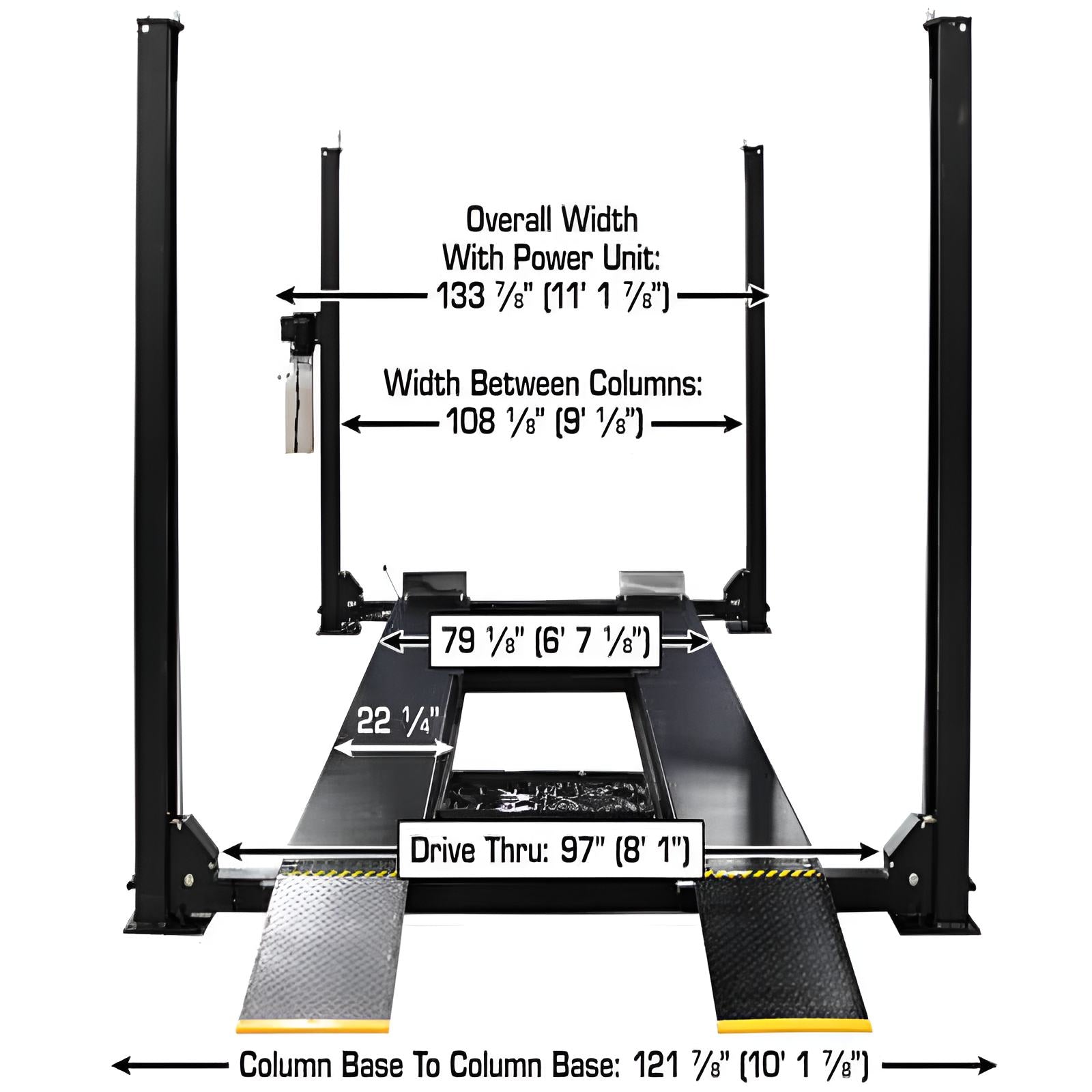 Atlas Apex 9, 9,000 lb 4 Post Vehicle Storage Lift - ALI Certified Front View with Dimension