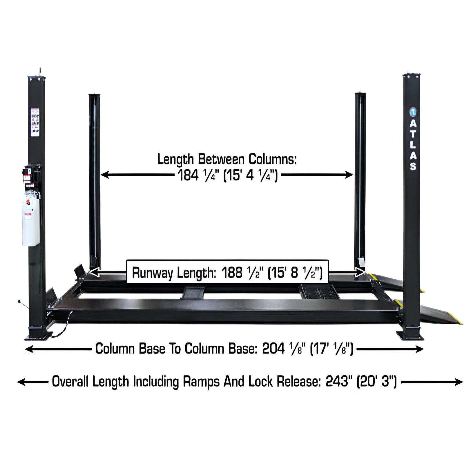 Atlas Apex 9, 9,000 lb 4 Post Vehicle Storage Lift - ALI Certified Side View