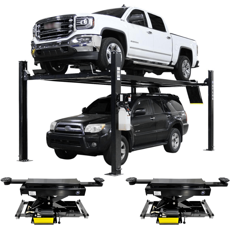 Atlas Apex 9, 9,000 lb 4 Post Lift with Two RJ45A Rolling Bridge Jack Combo View