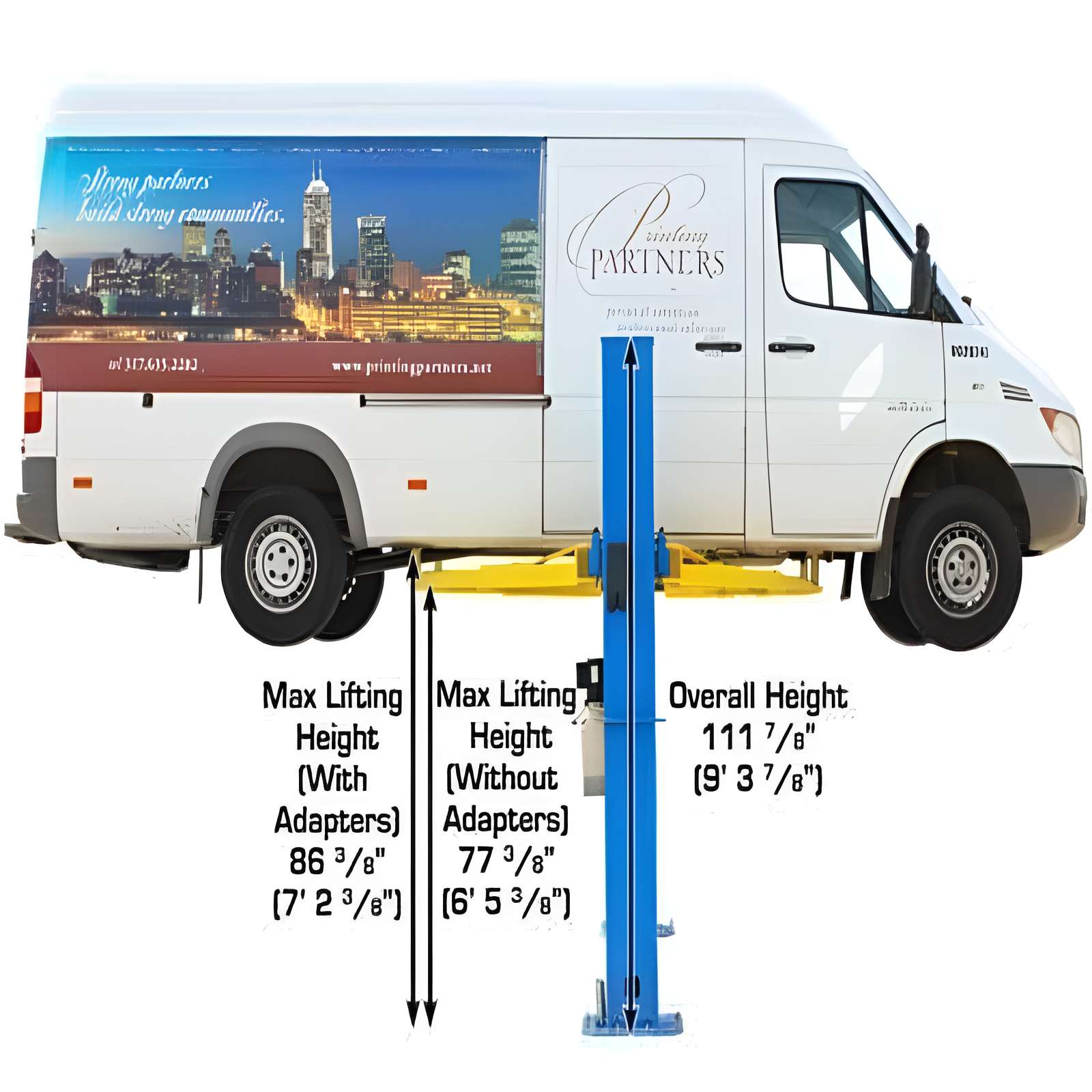 BP10000 10,000 lb 2 Post Lift - Low Ceiling Full Side View with Van