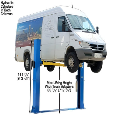 BP10000 10,000 lb 2 Post Lift - Low Ceiling Side View with Van and Dimension View