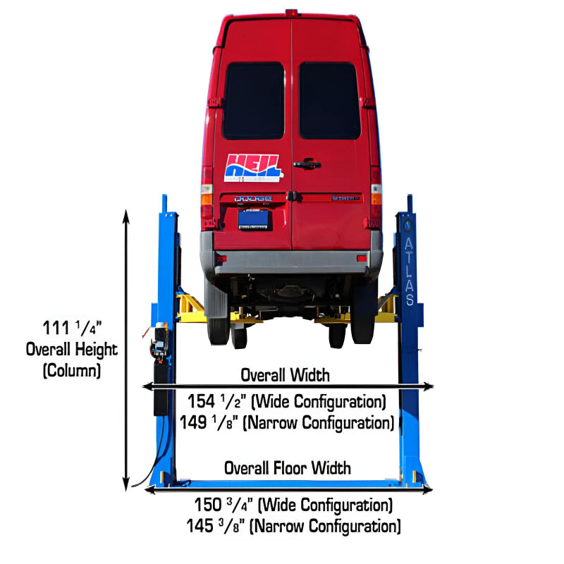 Atlas BP12000X, 12,000 lb 2 Post Lift - Commercial Grade Back View with Red Van