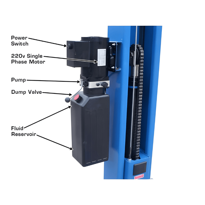Atlas BP8000, 8,000 lb 2 Post Lift - Low Ceiling Motor View