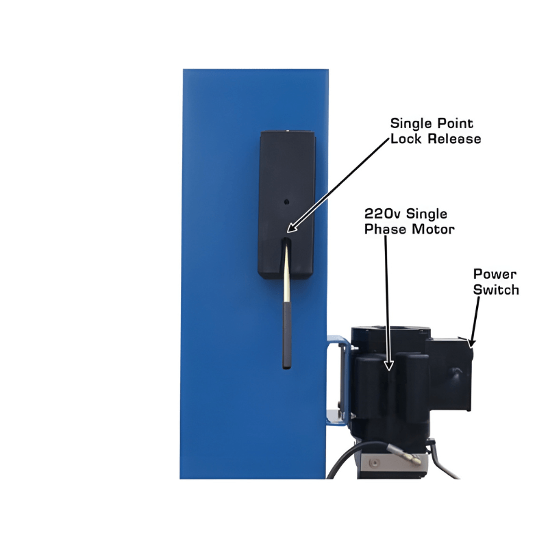 Atlas BP8000, 8,000 lb 2 Post Lift - Low Ceiling Lever and Motor View
