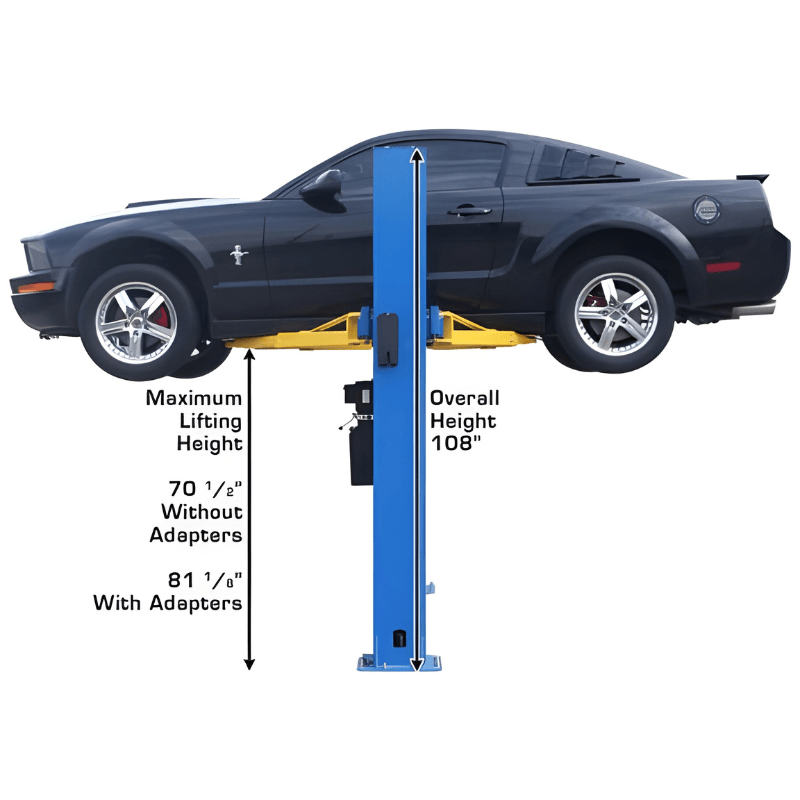 BP8000, 8,000 lb 2 Post Lift Side View with Car Lifting