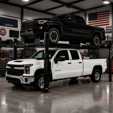 Atlas Garage Pro 8000EXT L 8,000lb 4 Post Vehicle Storage Lift - Extra Tall & Long Side View with 2 Cars