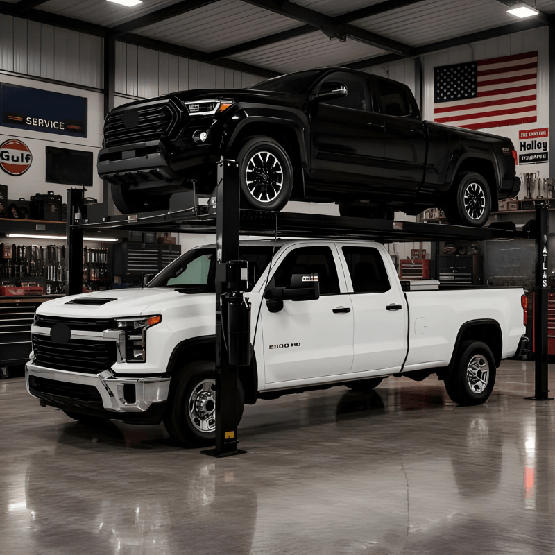 Atlas Garage Pro 8000EXT L 8,000lb 4 Post Vehicle Storage Lift - Extra Tall & Long Side View with 2 Cars