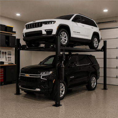 Atlas Garage Pro 8000 EXT, 8,000 lb 4 Post Vehicle Storage Lift- Extra Tall Side View with 2 Car's