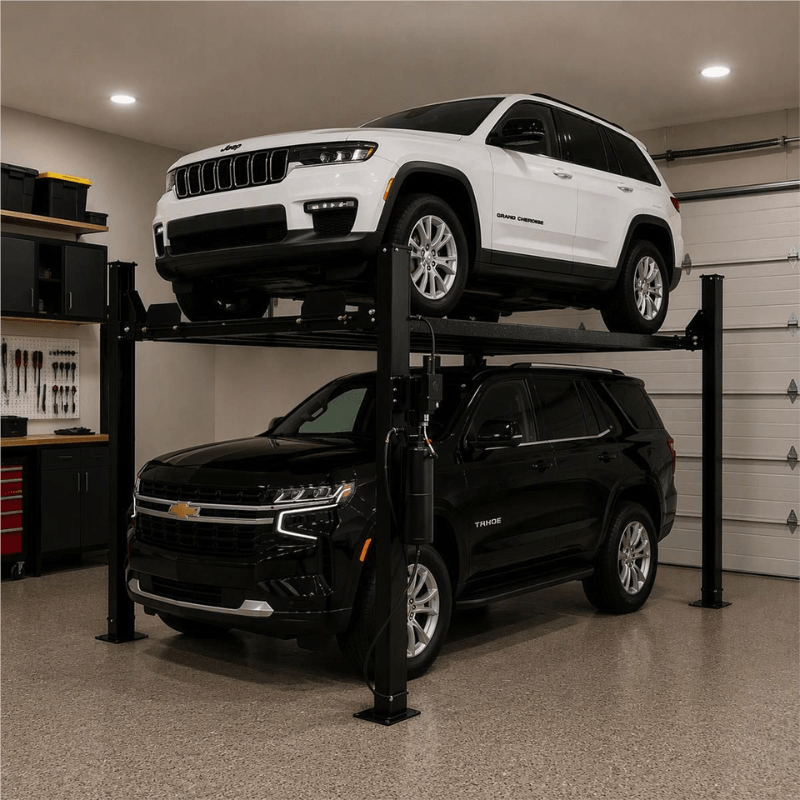 Atlas Garage Pro 8000 EXT, 8,000 lb 4 Post Vehicle Storage Lift- Extra Tall Side View with 2 Car's